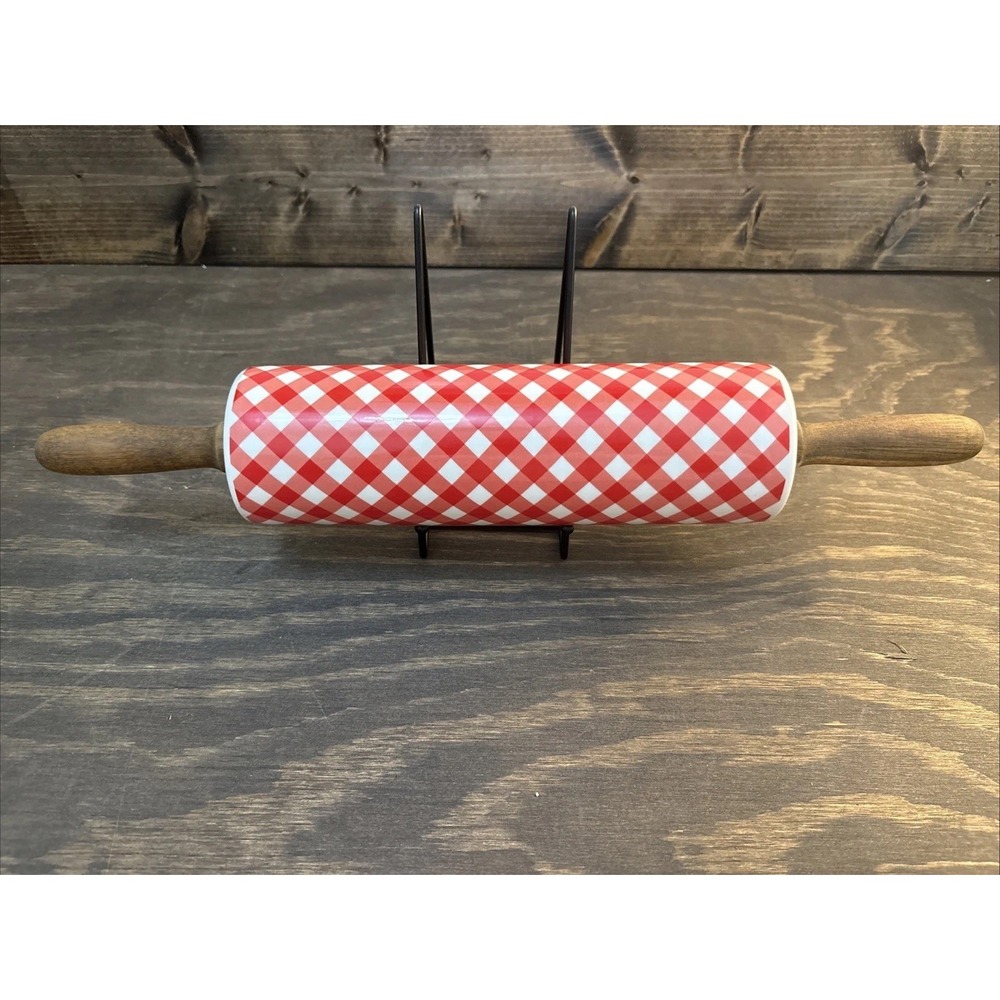 The Pioneer Woman Red Gingham Ceramic Rolling Pin Wood Handles Farmhouse Baking